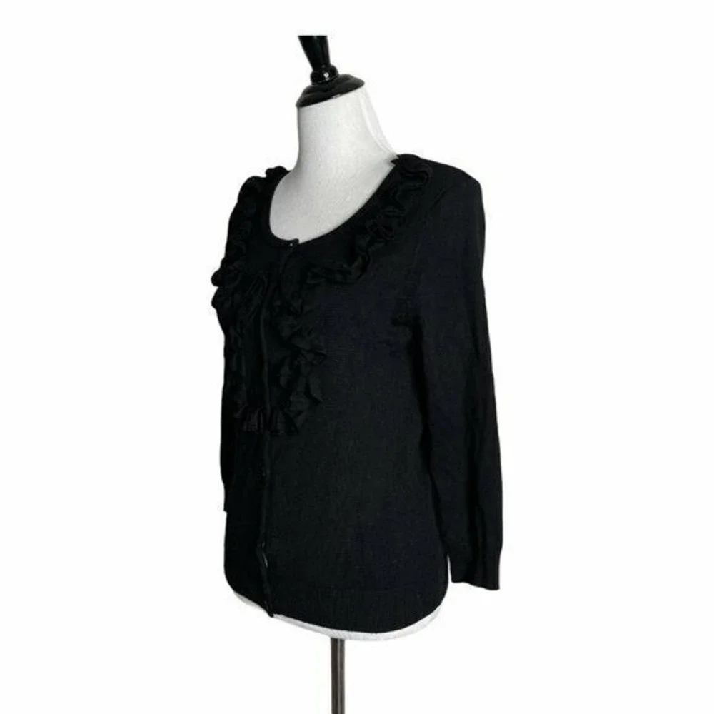 Black Ruffled Cardigan Sweater Scoop Neck Layered Frill‎ 3/4 Sleeve Knit Top MP